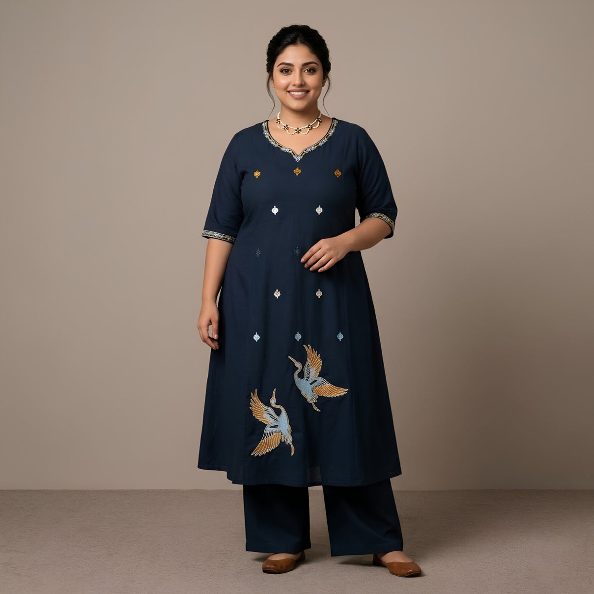 Navy Blue Crane Embroidered Kurta Set