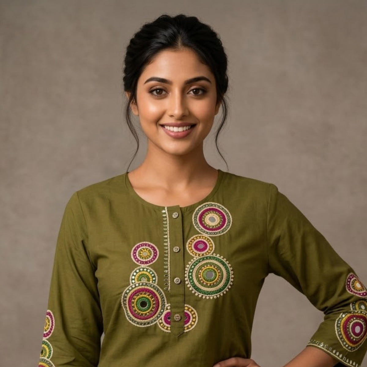 Olive Green Printed Embroidered Kurta Set