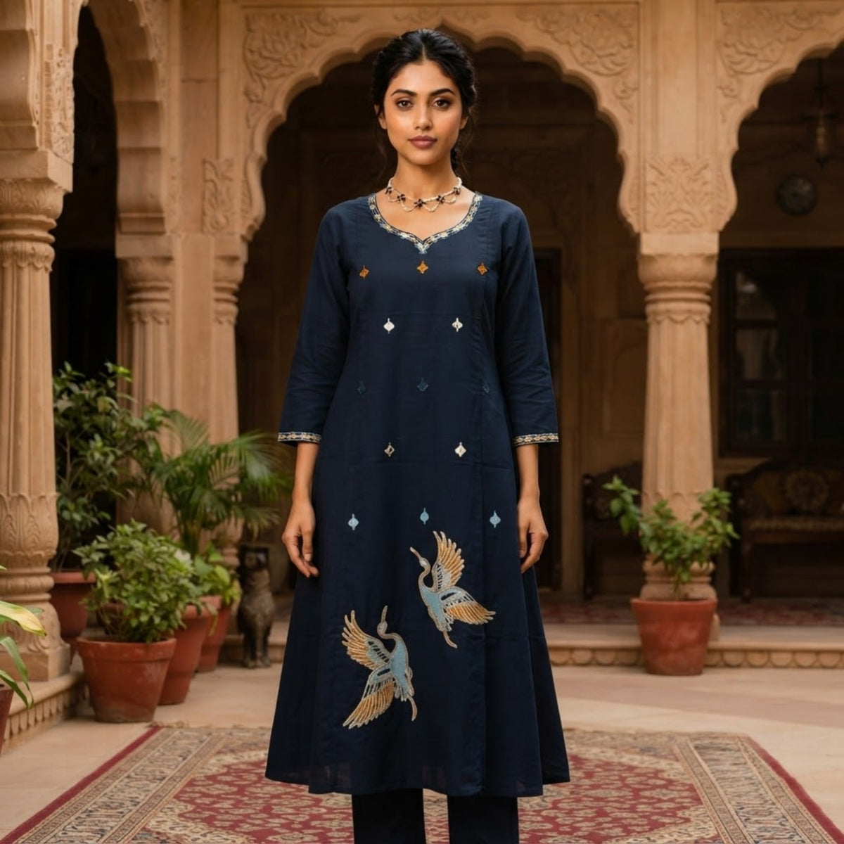 Navy Blue Crane Embroidered Kurta Set