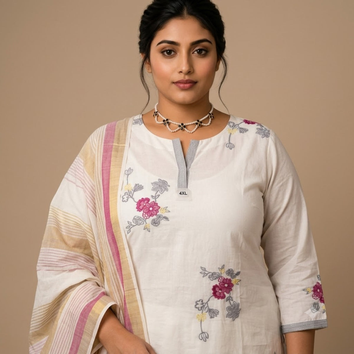 Elegant Cream Floral Embroidered Kurta Set with Dupatta