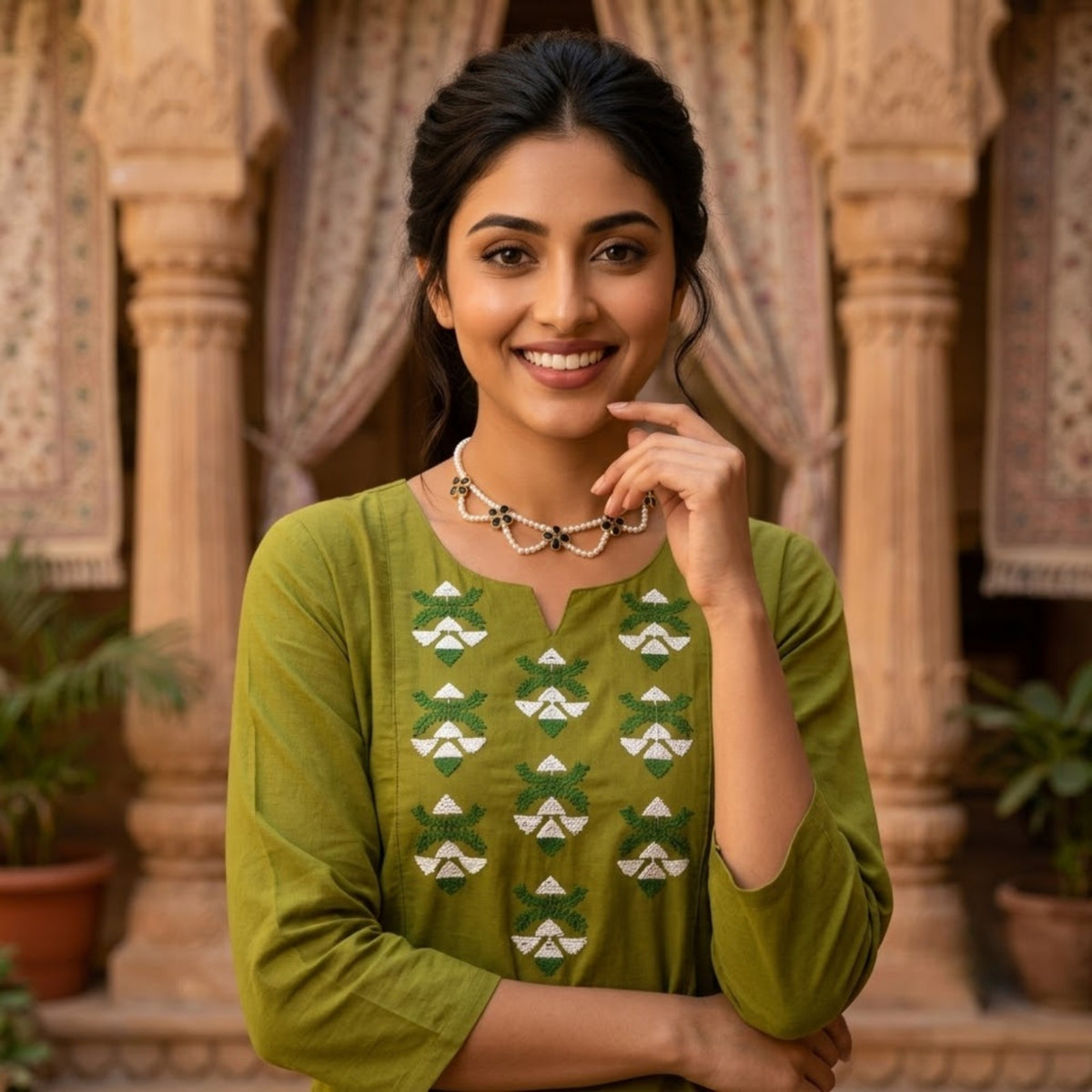 Olive Green Embroidered Straight Kurta Set