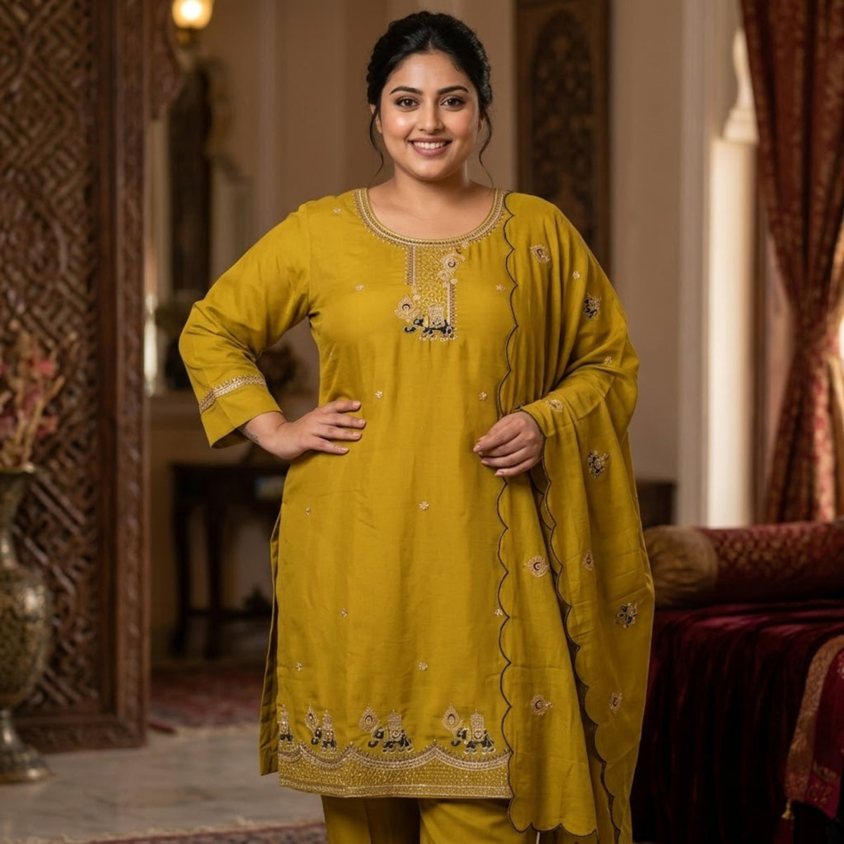 Olive Green Embroidered Kurta Set with Scalloped Dupatta