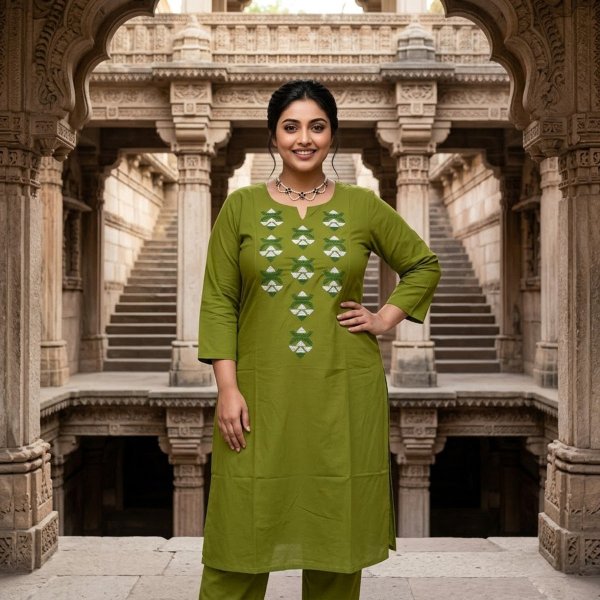 Olive Green Embroidered Straight Kurta Set