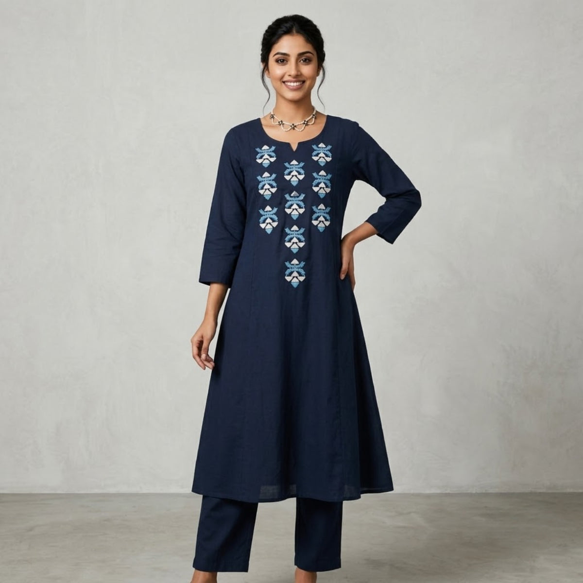 Navy Blue Embroidered Flared Kurta Set