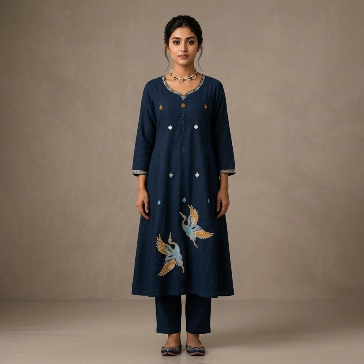 Navy Blue Crane Embroidered Kurta Set