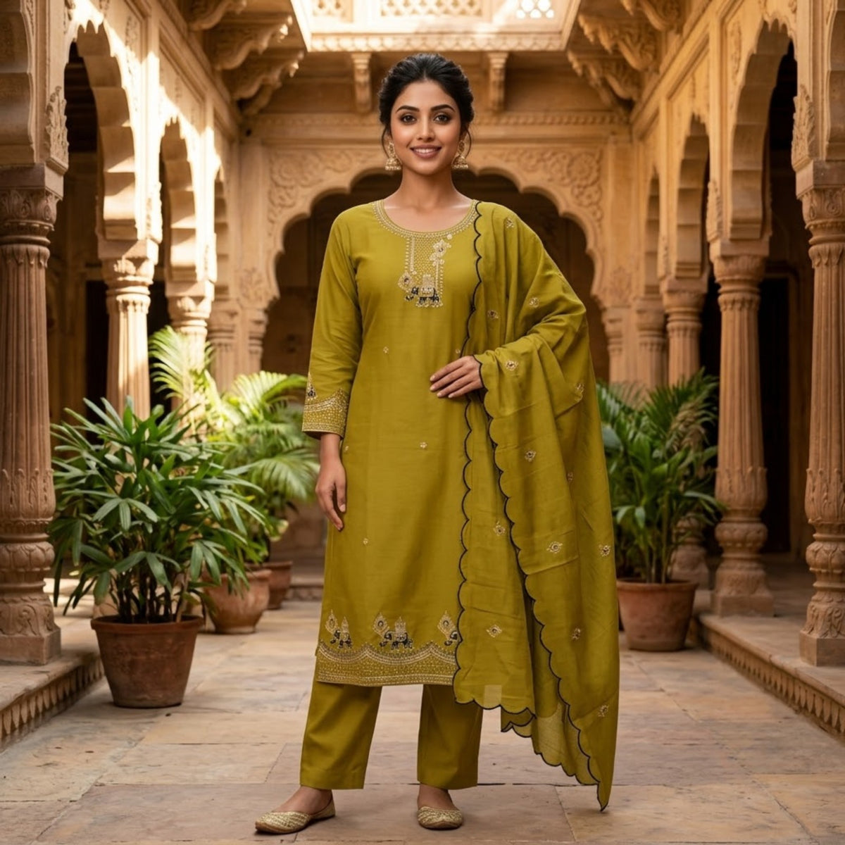 Olive Green Embroidered Kurta Set with Scalloped Dupatta