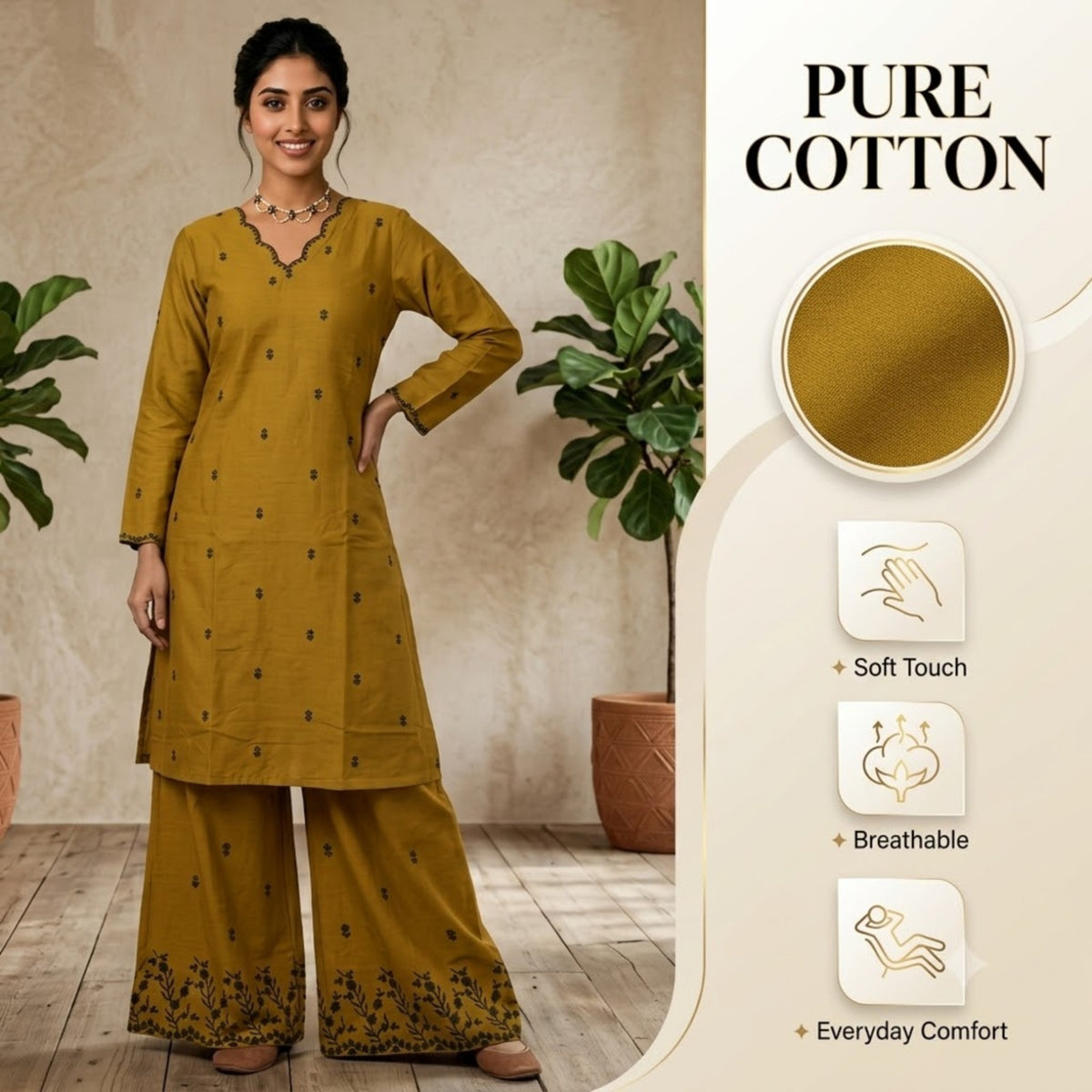Olive Green Printed Kurta Set with Palazzo Pants