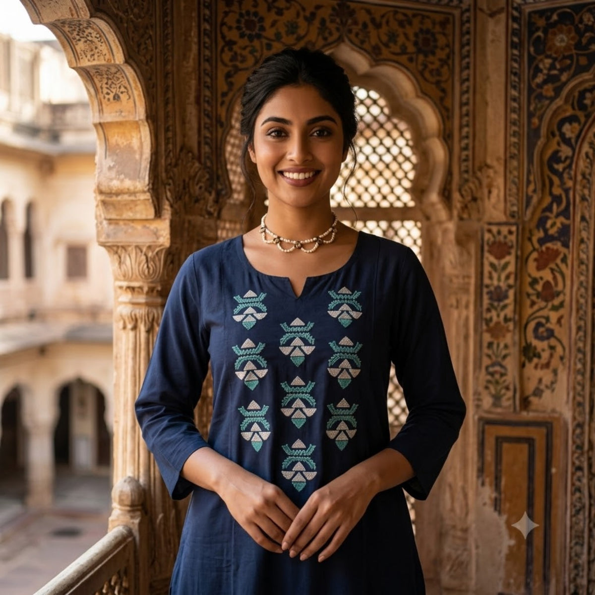 Navy Blue Embroidered Flared Kurta Set