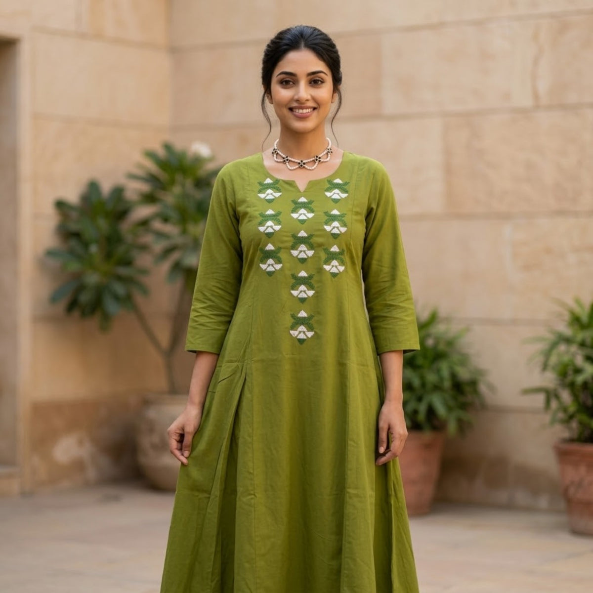 Olive Green Embroidered Straight Kurta Set
