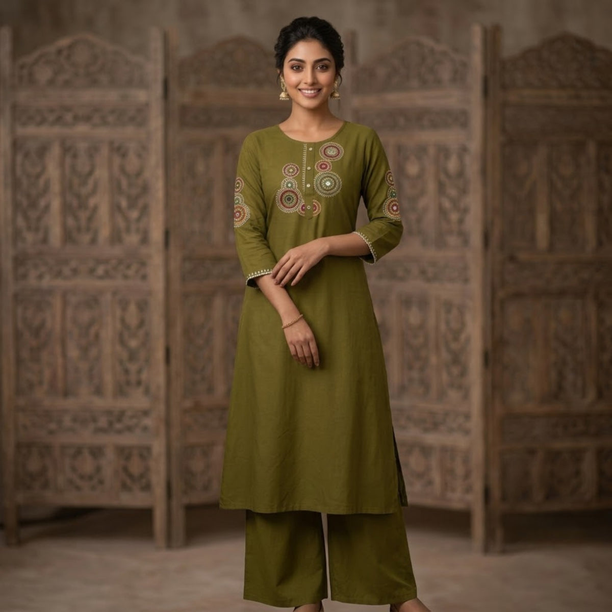 Olive Green Printed Embroidered Kurta Set
