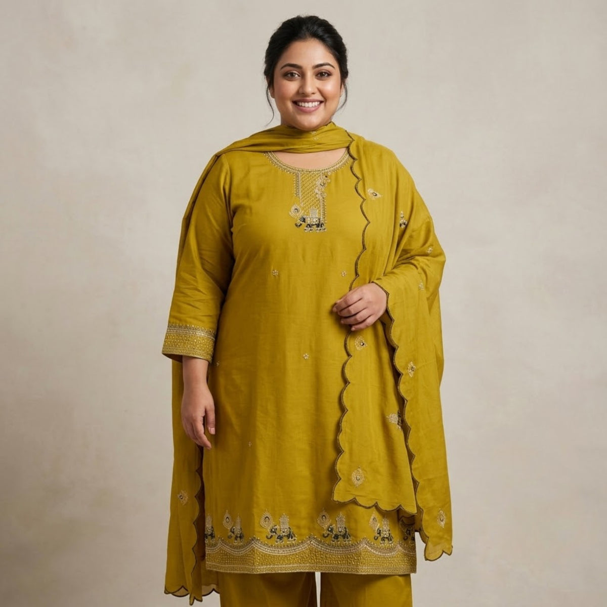 Olive Green Embroidered Kurta Set with Scalloped Dupatta