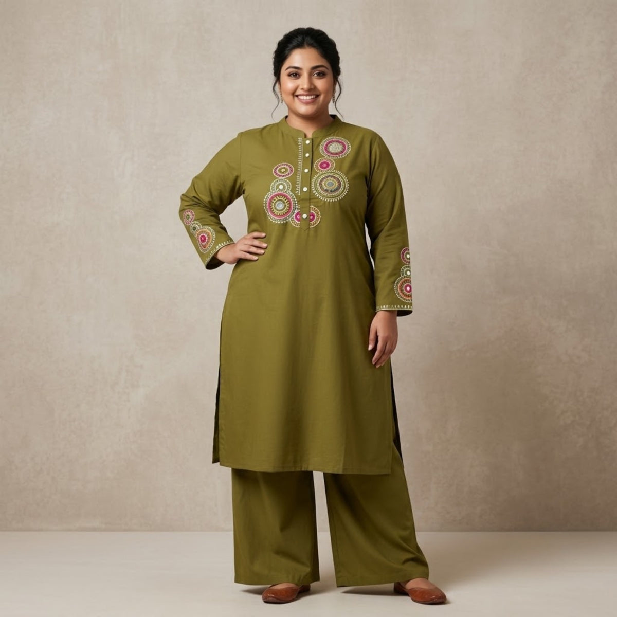 Olive Green Printed Embroidered Kurta Set