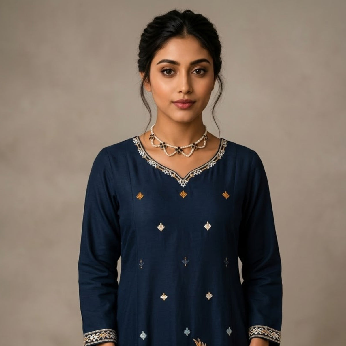 Navy Blue Crane Embroidered Kurta Set