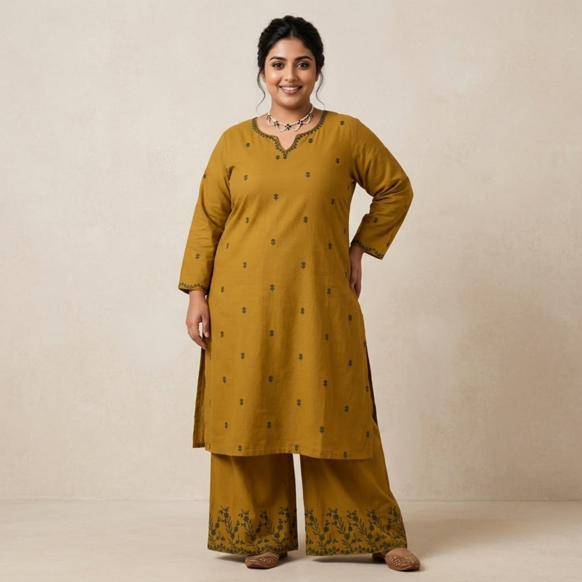 Olive Green Printed Kurta Set with Palazzo Pants
