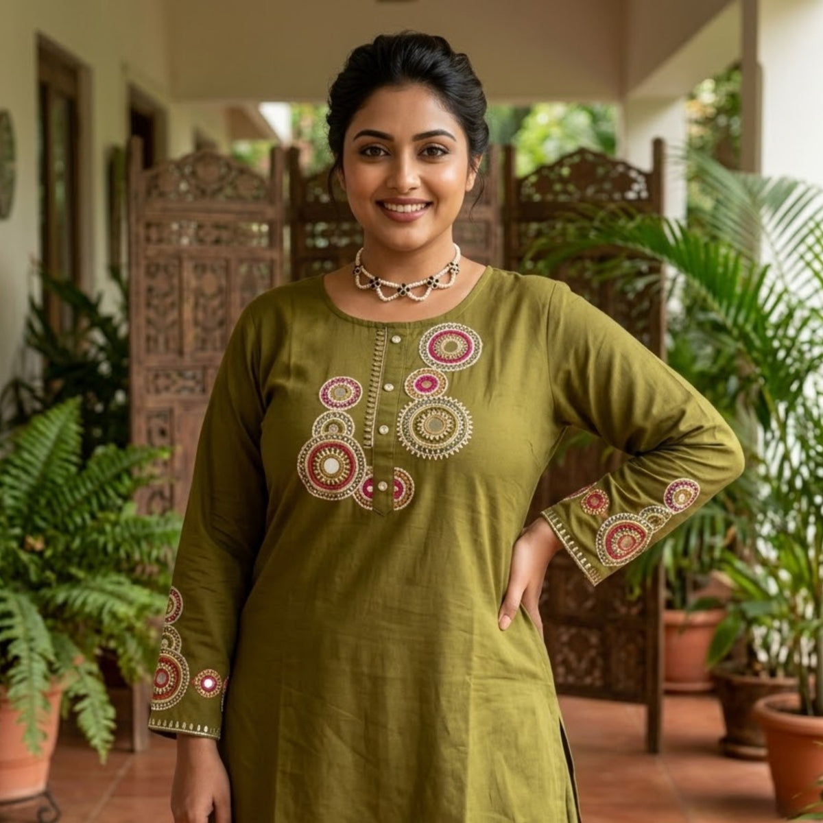 Olive Green Printed Embroidered Kurta Set