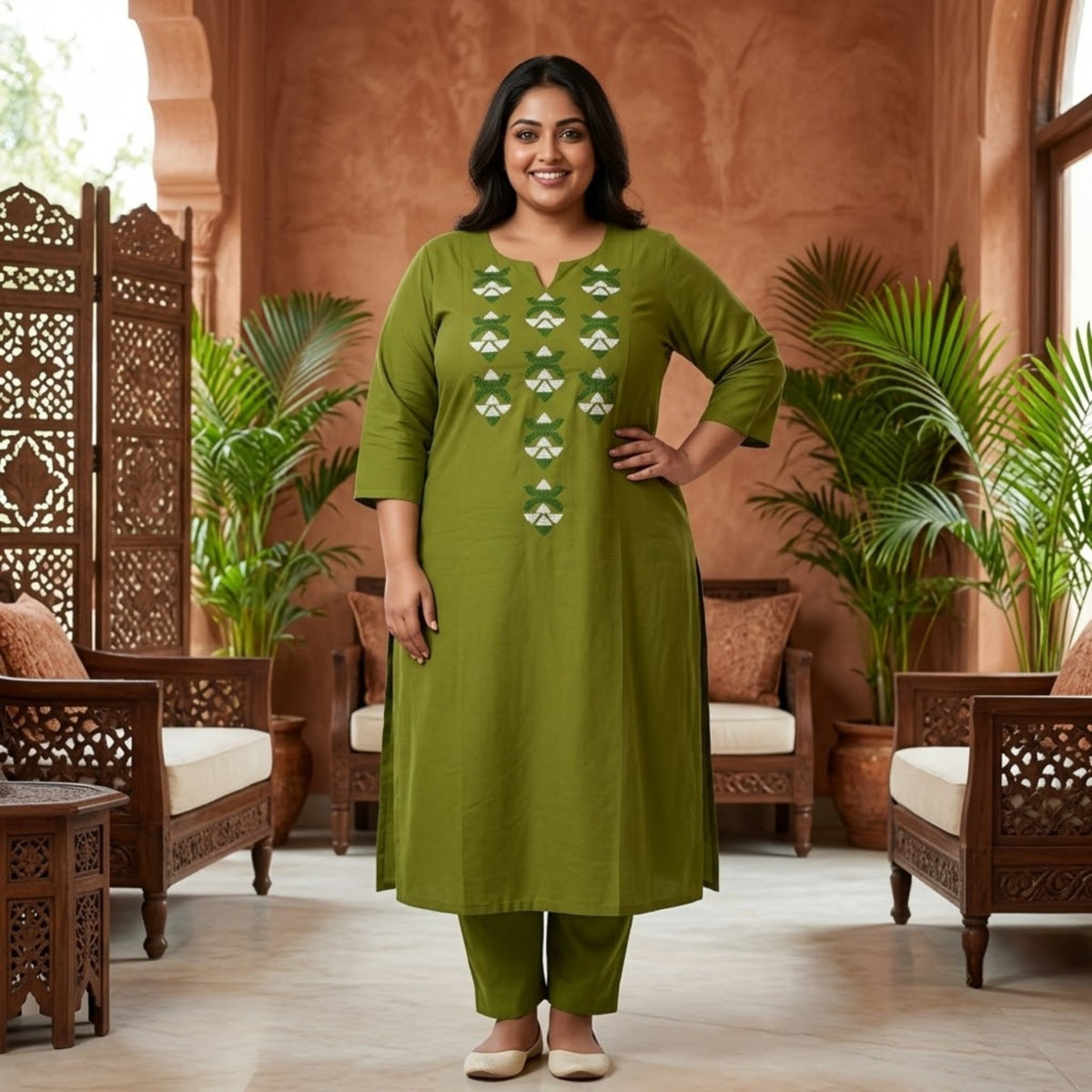 Olive Green Embroidered Straight Kurta Set