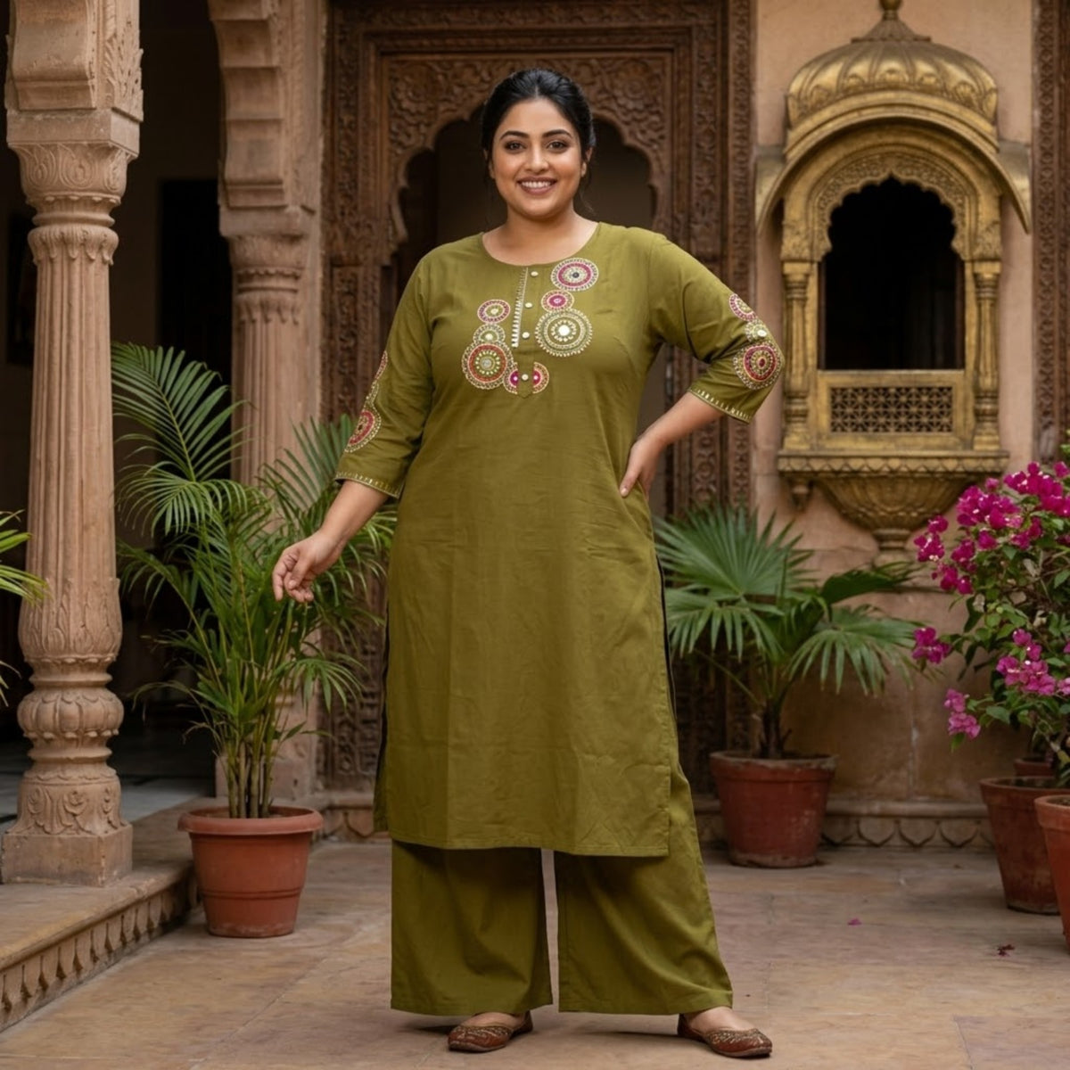 Olive Green Printed Embroidered Kurta Set