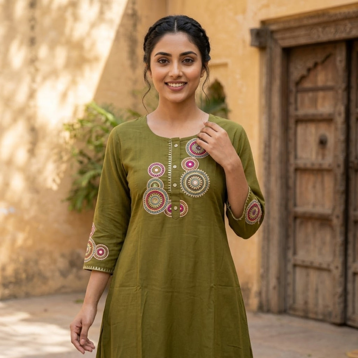 Olive Green Printed Embroidered Kurta Set