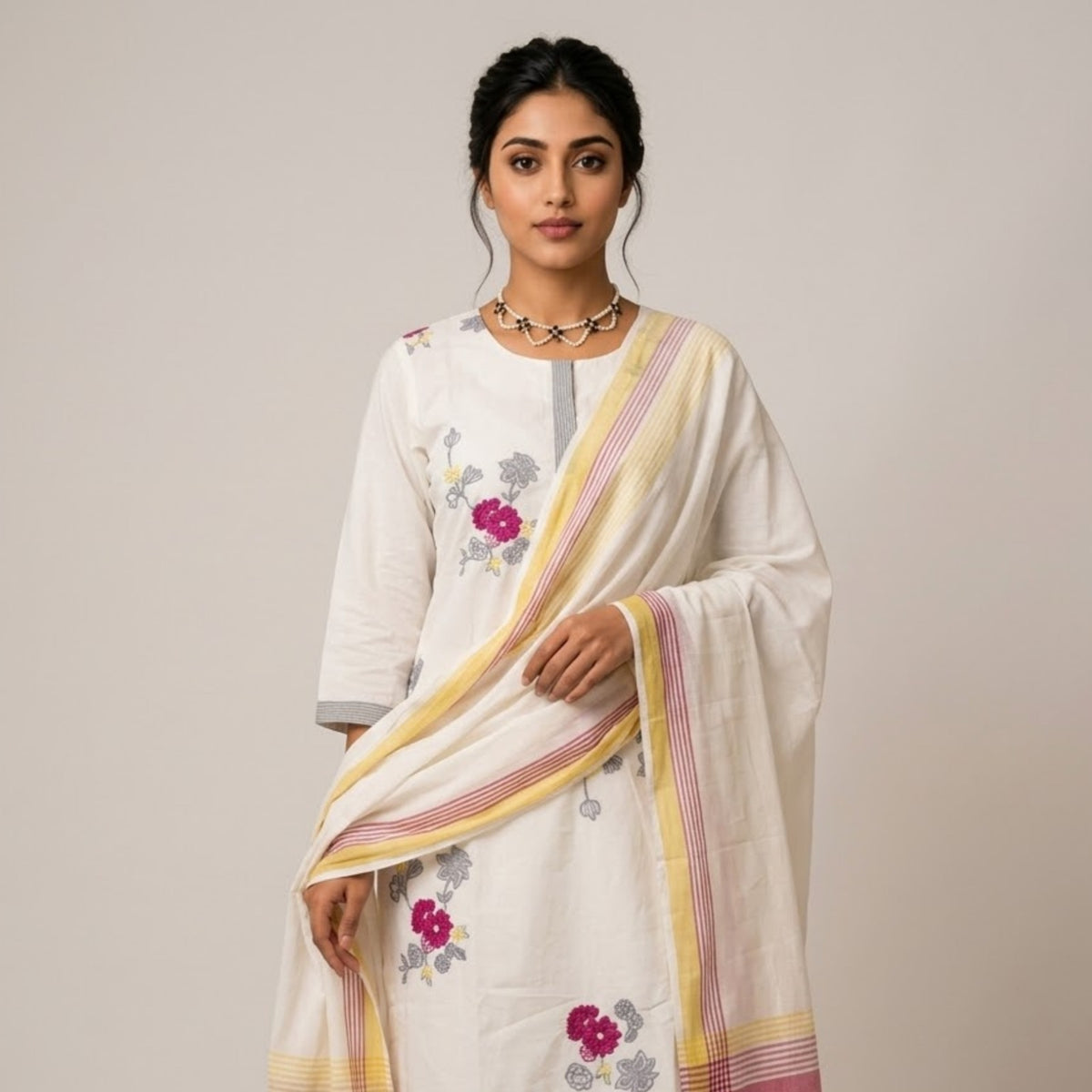 Elegant Cream Floral Embroidered Kurta Set with Dupatta