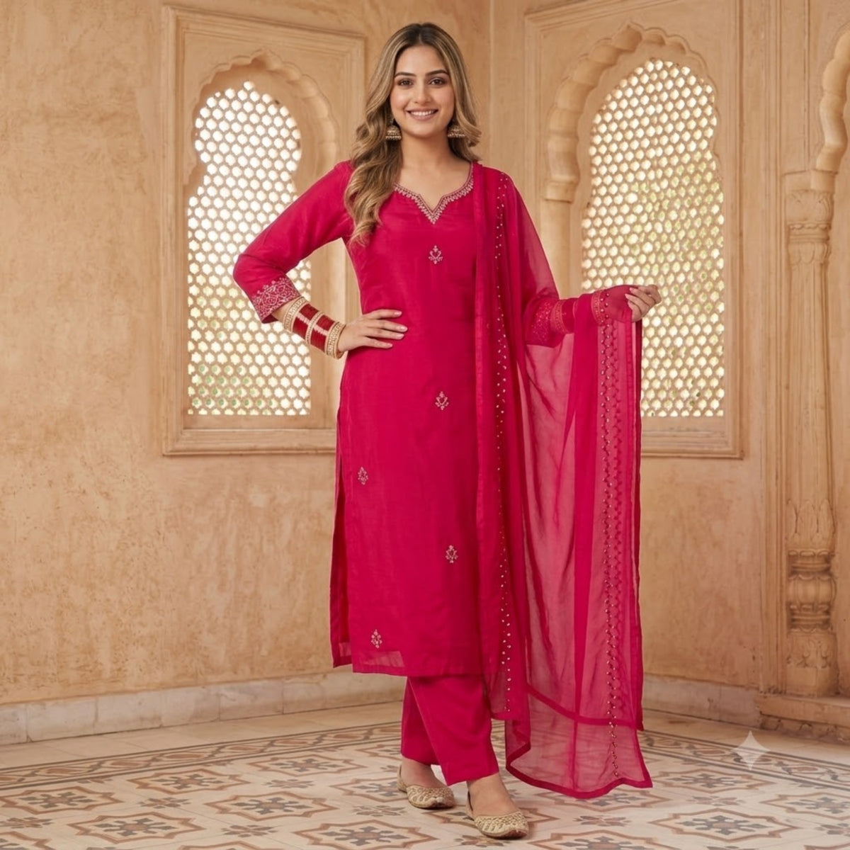 Elegant Pink Embroidered Kurta Set with Dupatta