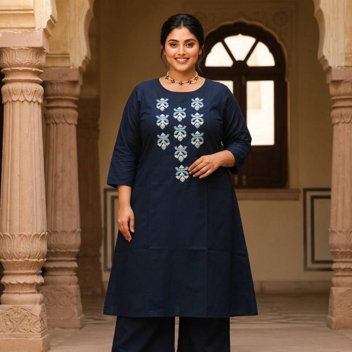 Navy Blue Embroidered Flared Kurta Set