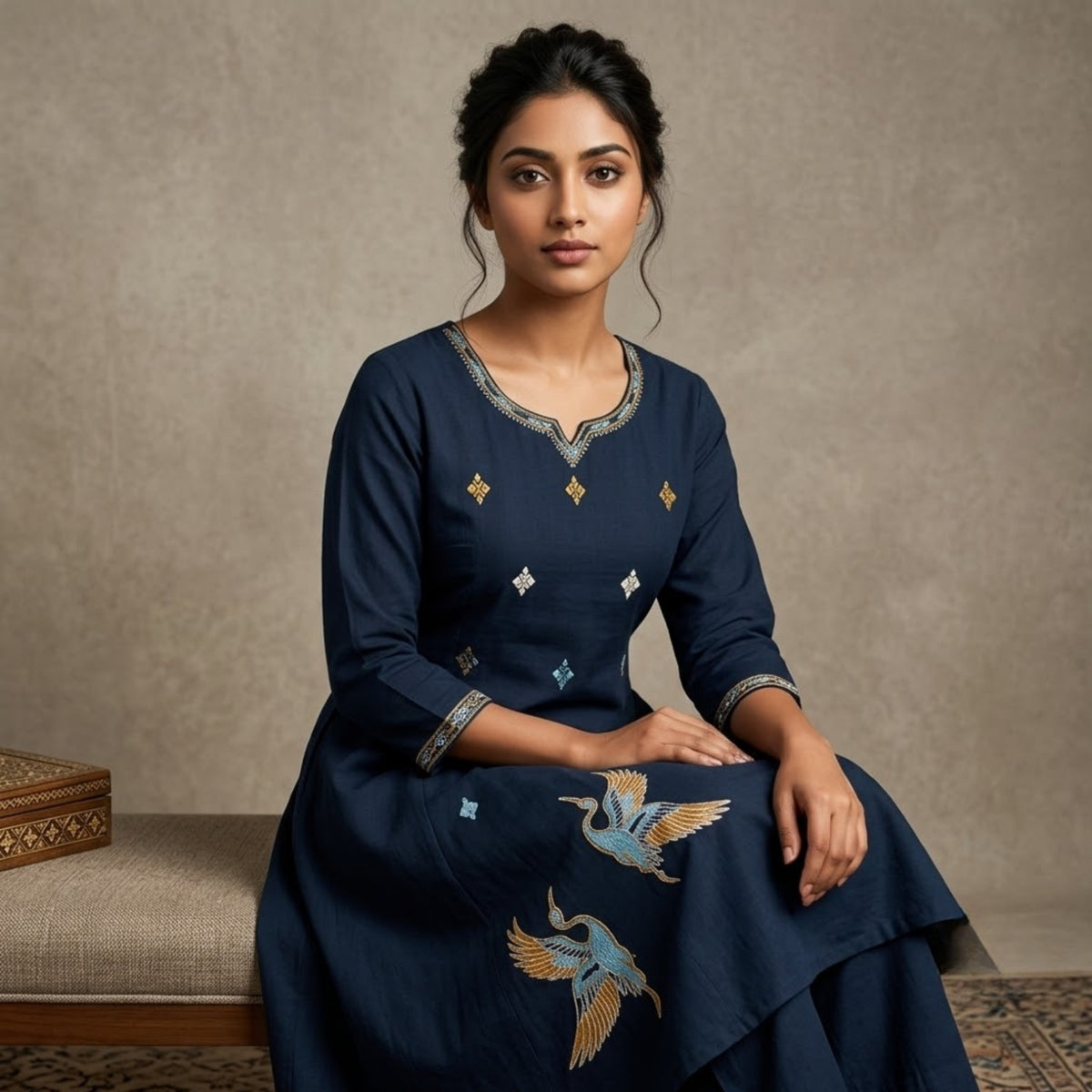 Navy Blue Crane Embroidered Kurta Set