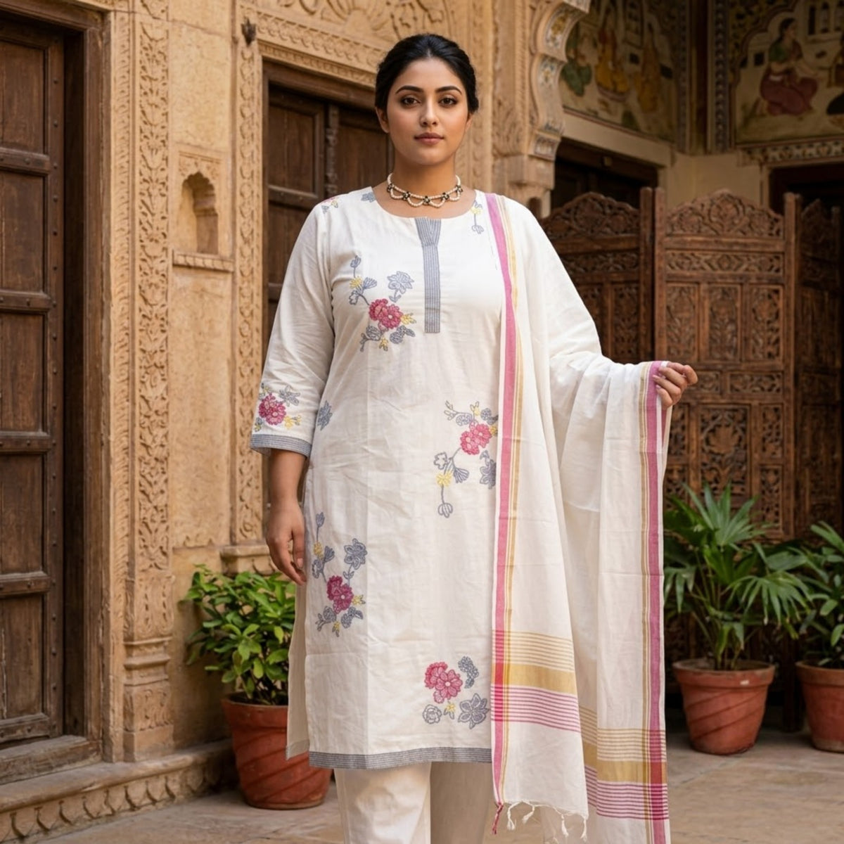 Elegant Cream Floral Embroidered Kurta Set with Dupatta
