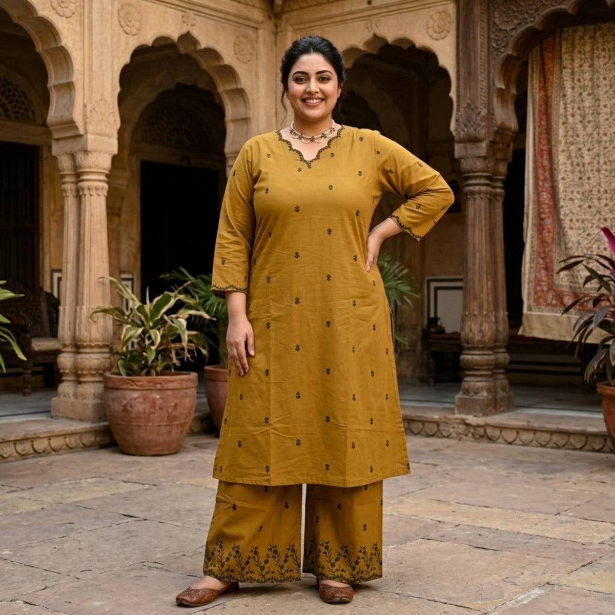 Olive Green Printed Kurta Set with Palazzo Pants