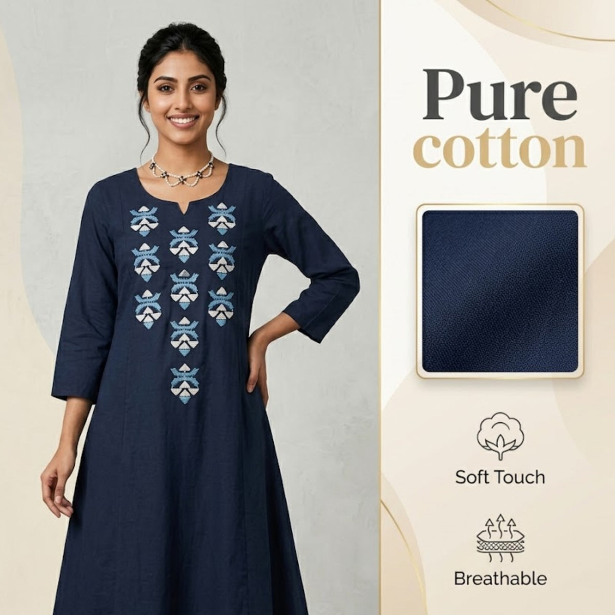 Navy Blue Embroidered Flared Kurta Set