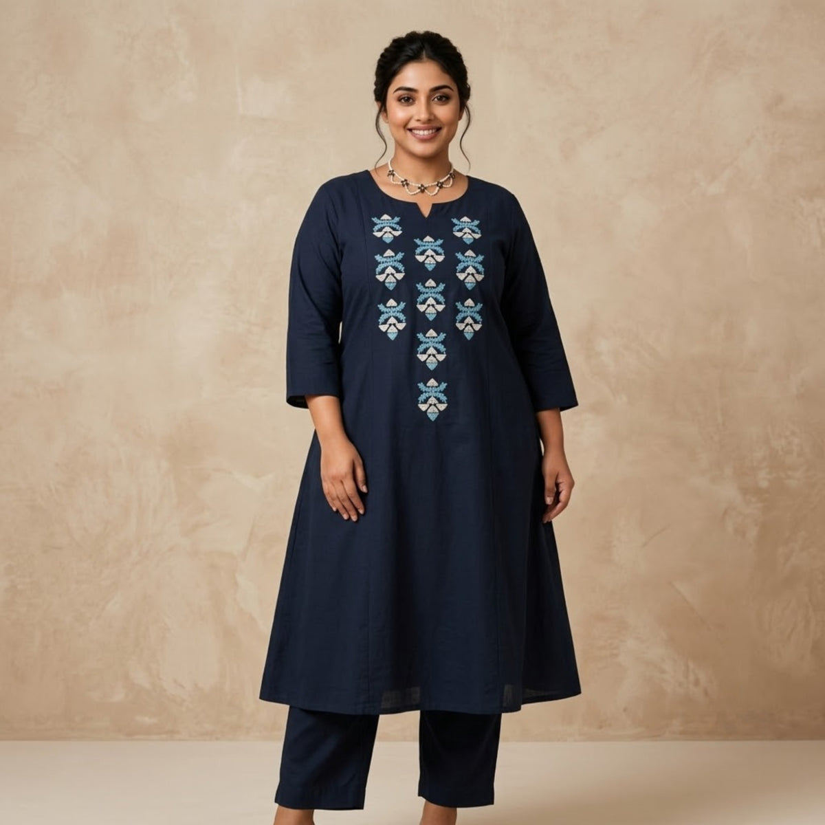 Navy Blue Embroidered Flared Kurta Set