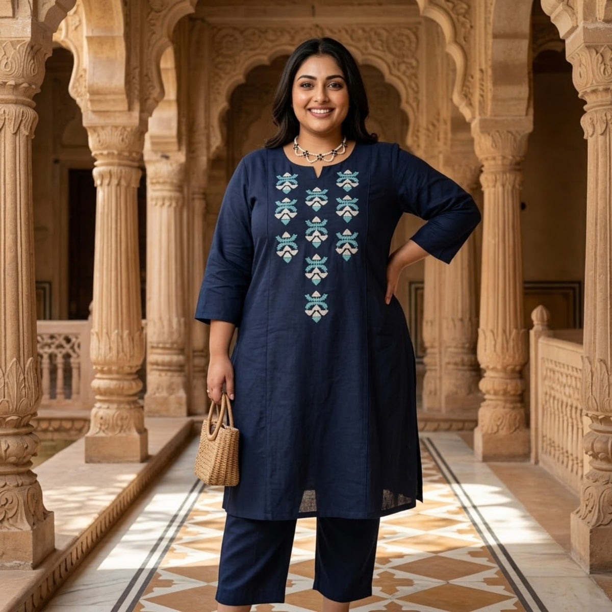 Navy Blue Embroidered Flared Kurta Set