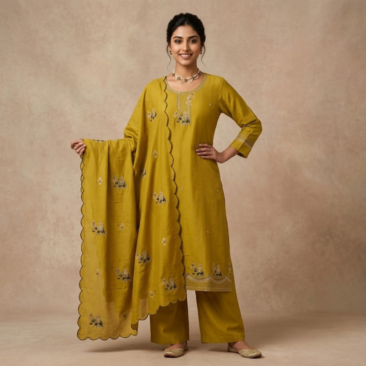 Olive Green Embroidered Kurta Set with Scalloped Dupatta