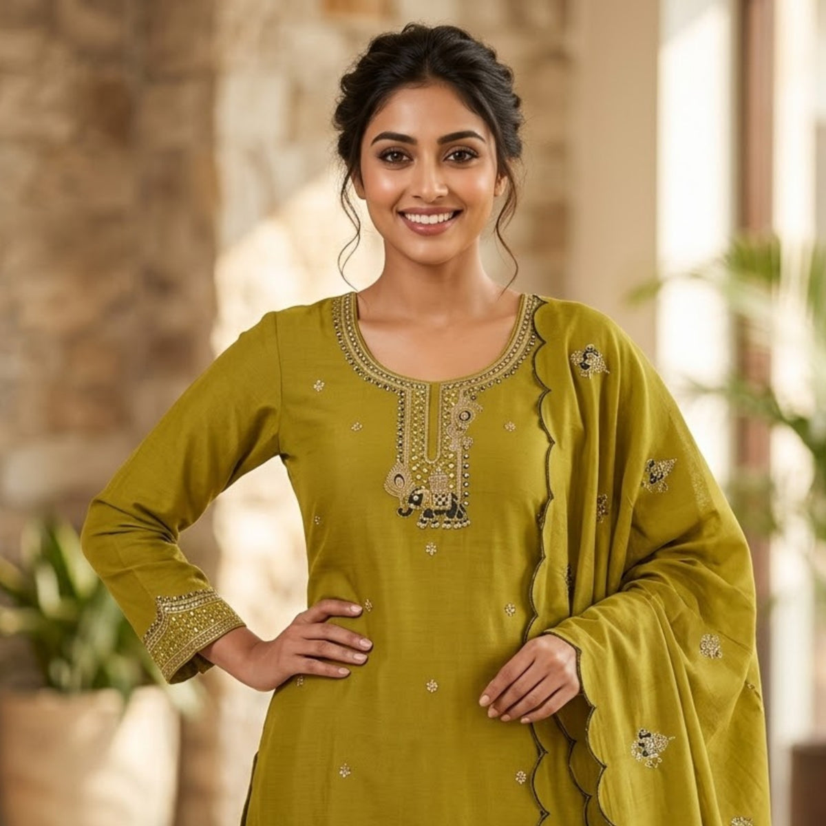 Olive Green Embroidered Kurta Set with Scalloped Dupatta
