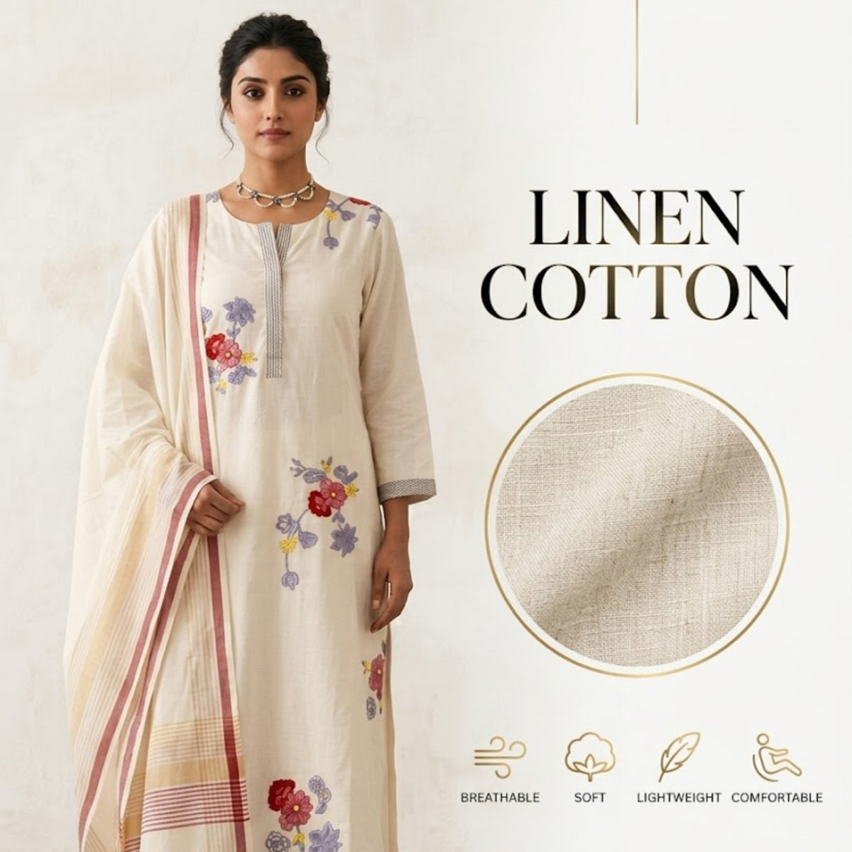 Elegant Cream Floral Embroidered Kurta Set with Dupatta