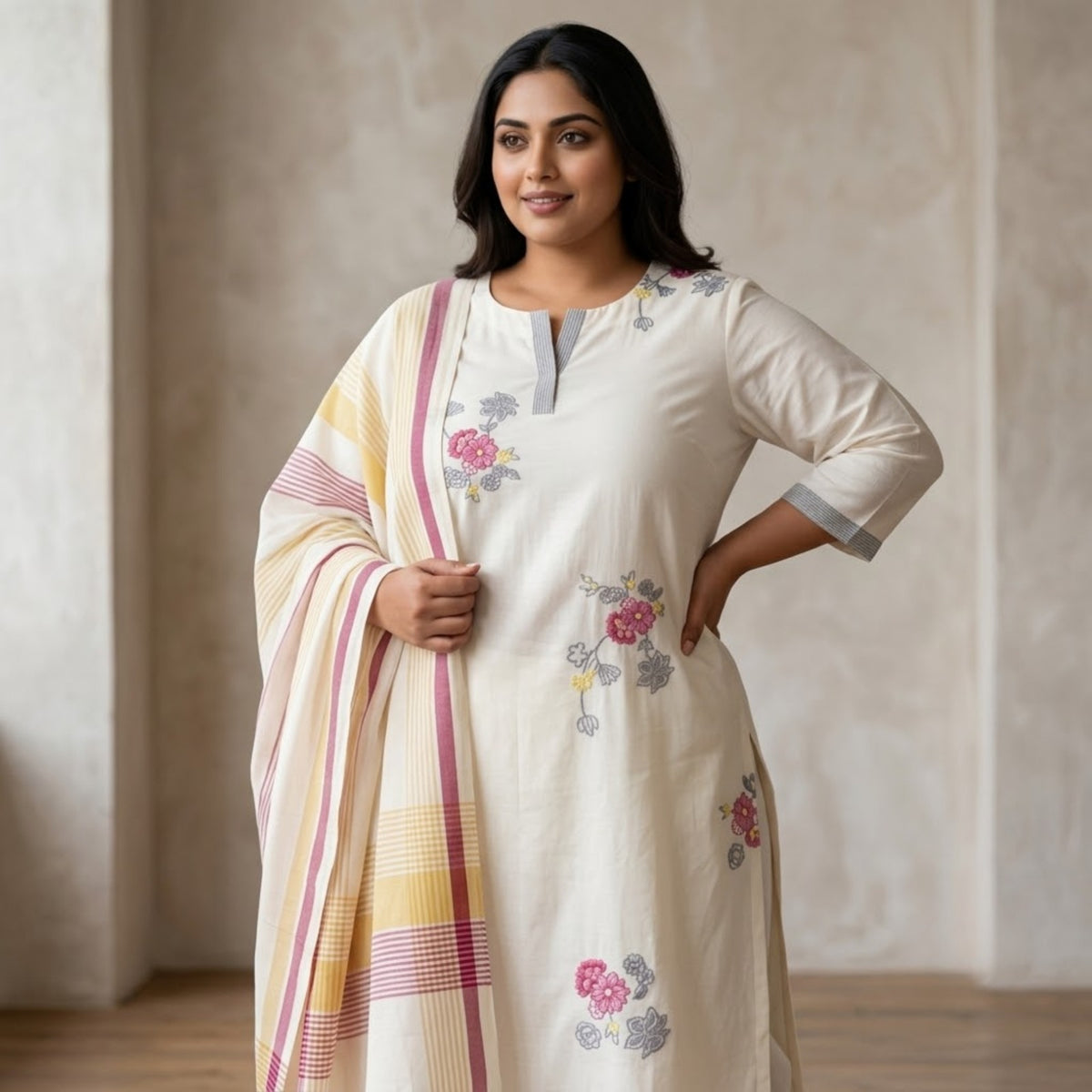 Elegant Cream Floral Embroidered Kurta Set with Dupatta