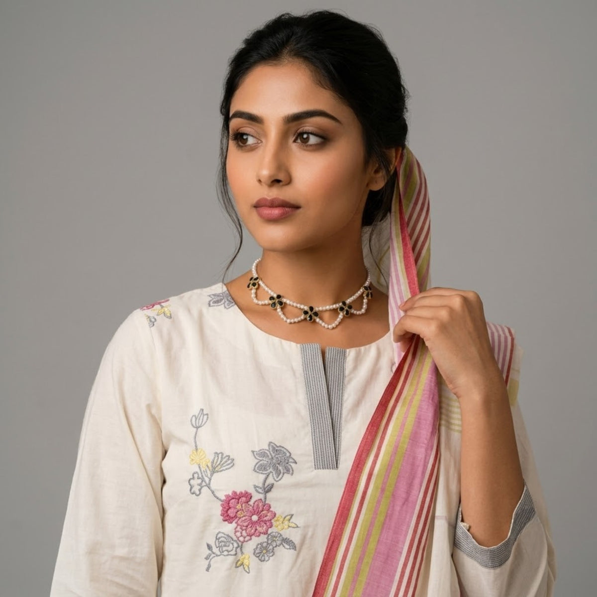Elegant Cream Floral Embroidered Kurta Set with Dupatta