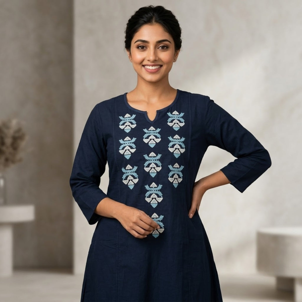 Navy Blue Embroidered Flared Kurta Set