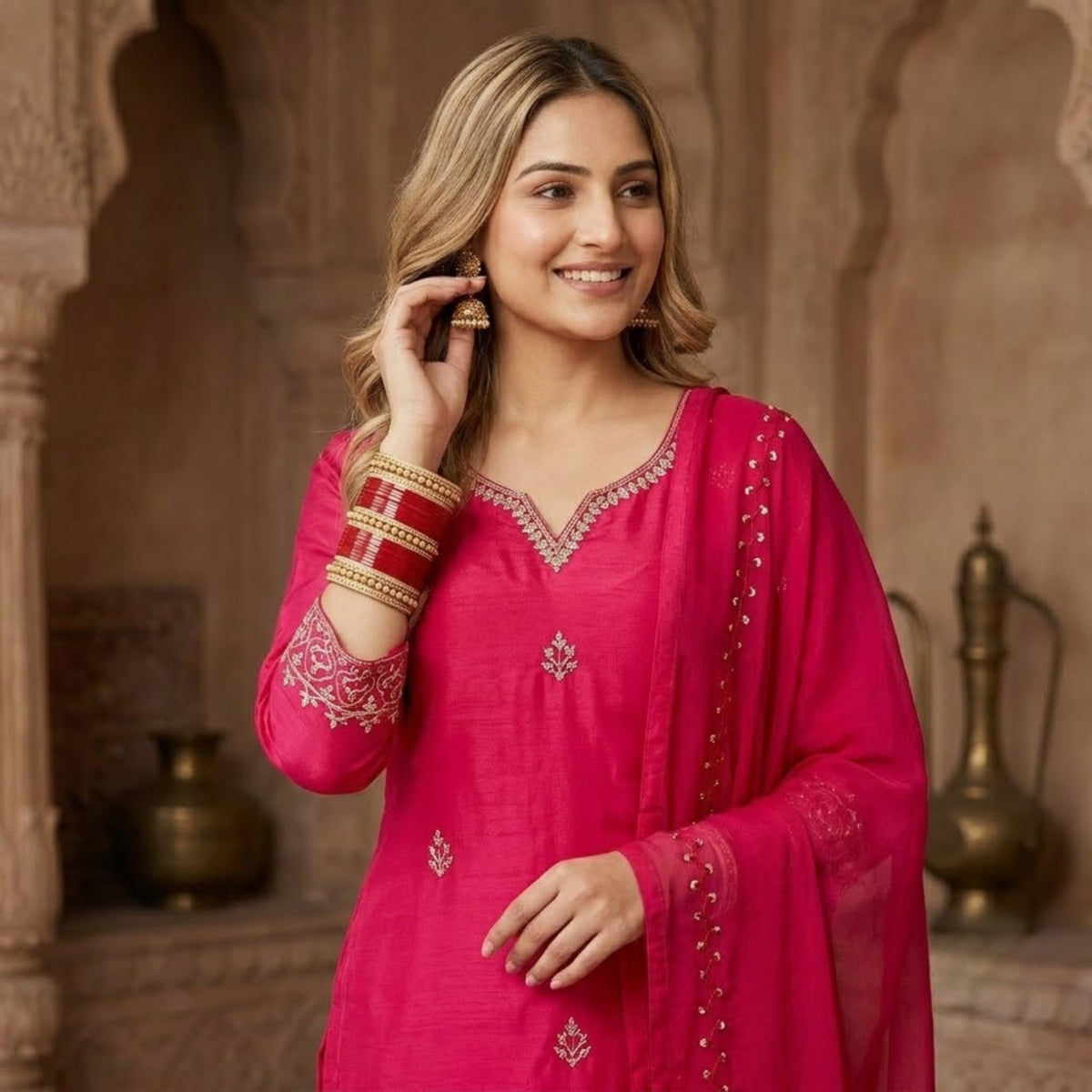 Elegant Pink Embroidered Kurta Set with Dupatta