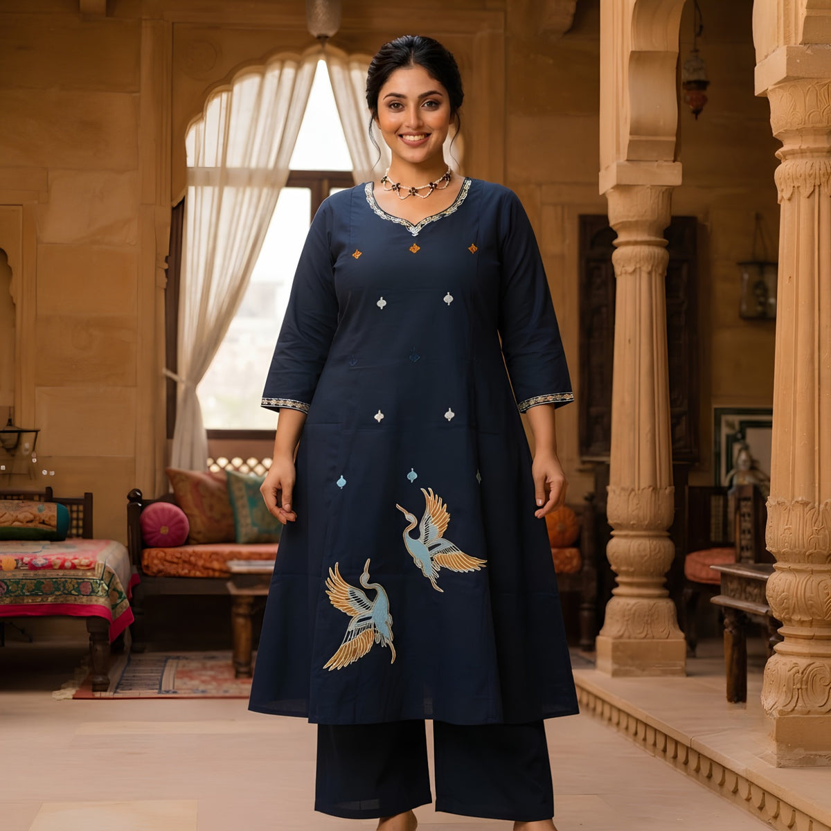 Navy Blue Crane Embroidered Kurta Set