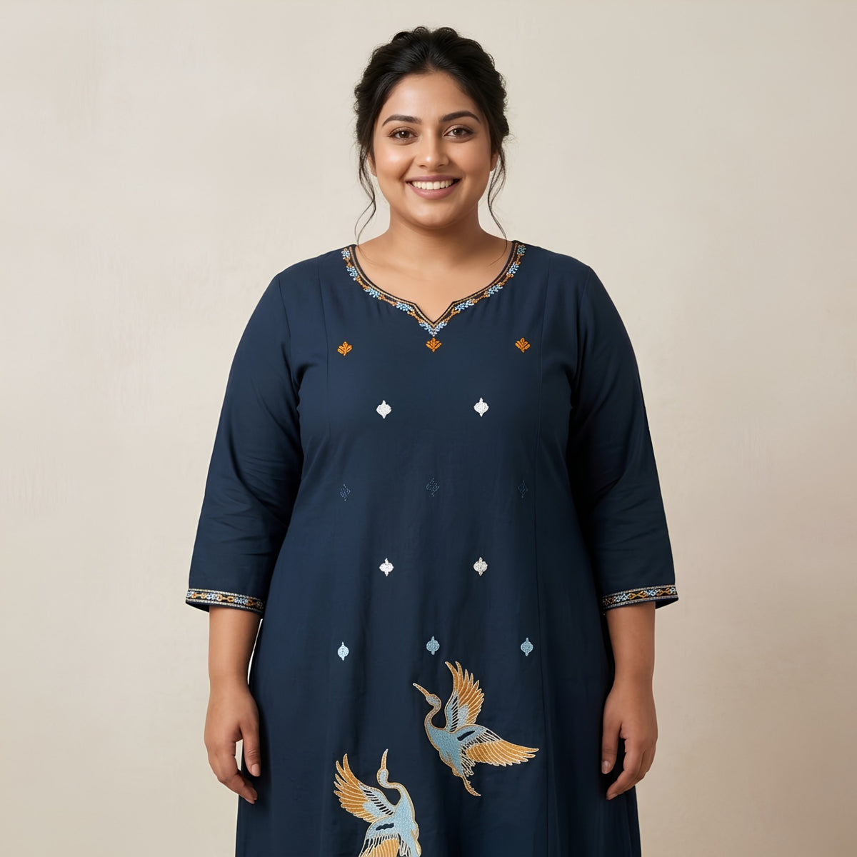 Navy Blue Crane Embroidered Kurta Set