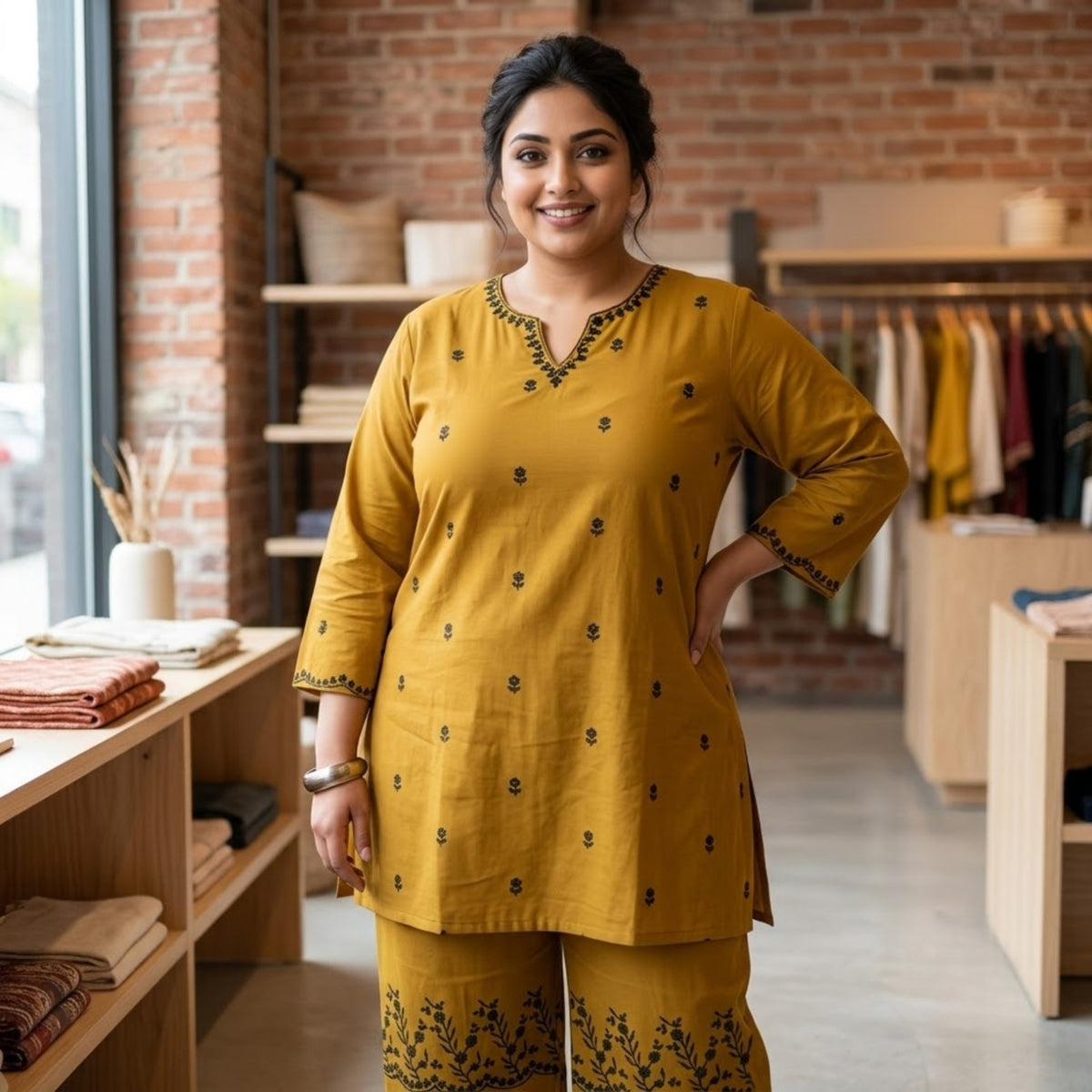 Olive Green Printed Kurta Set with Palazzo Pants