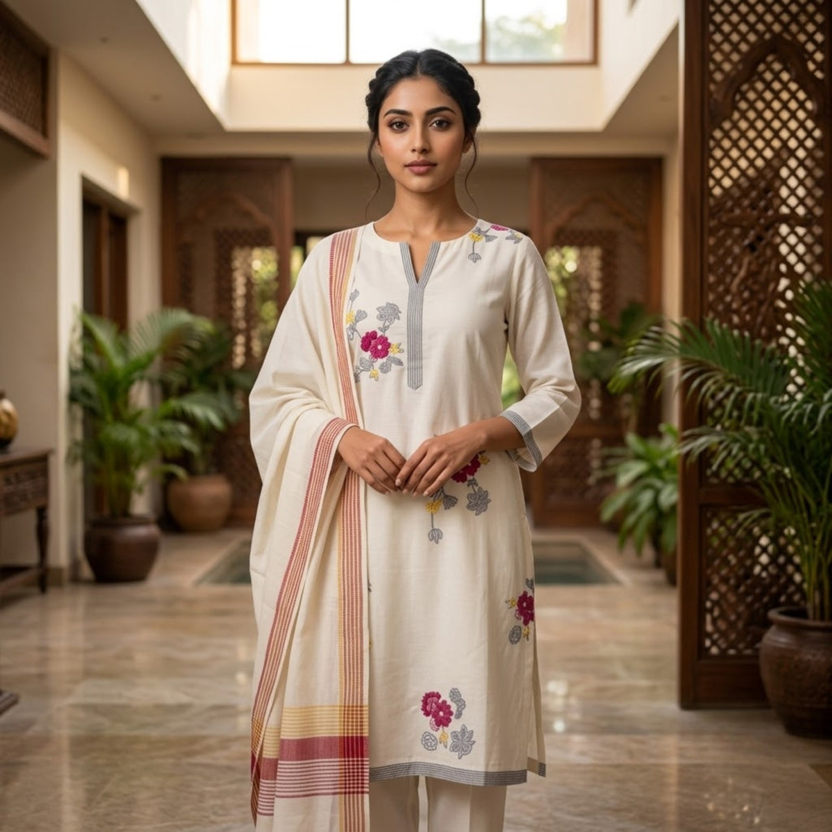 Elegant Cream Floral Embroidered Kurta Set with Dupatta