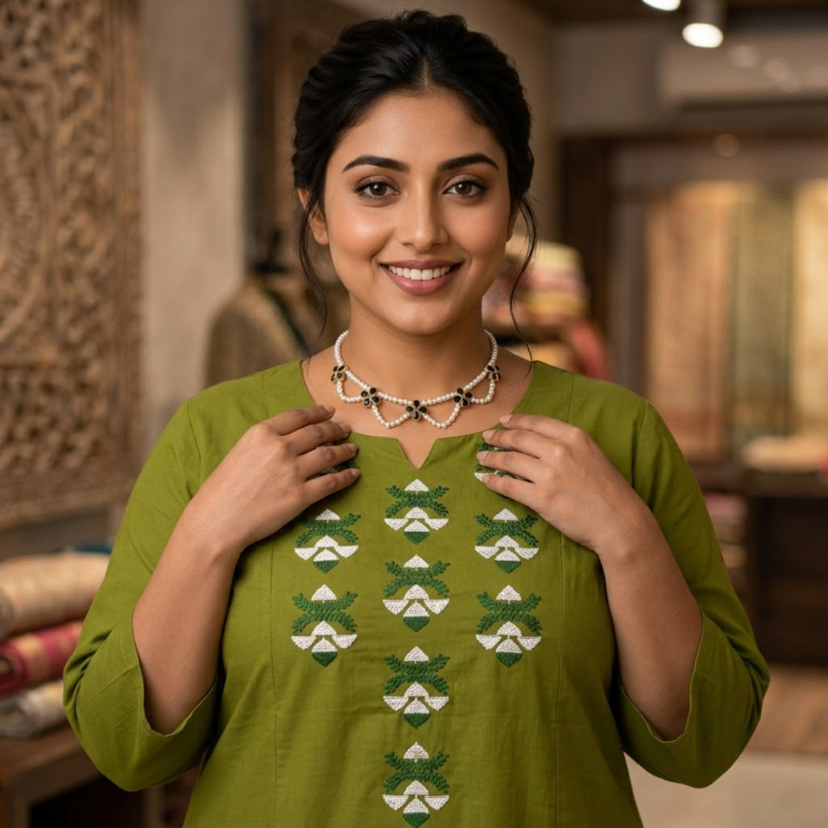 Olive Green Embroidered Straight Kurta Set