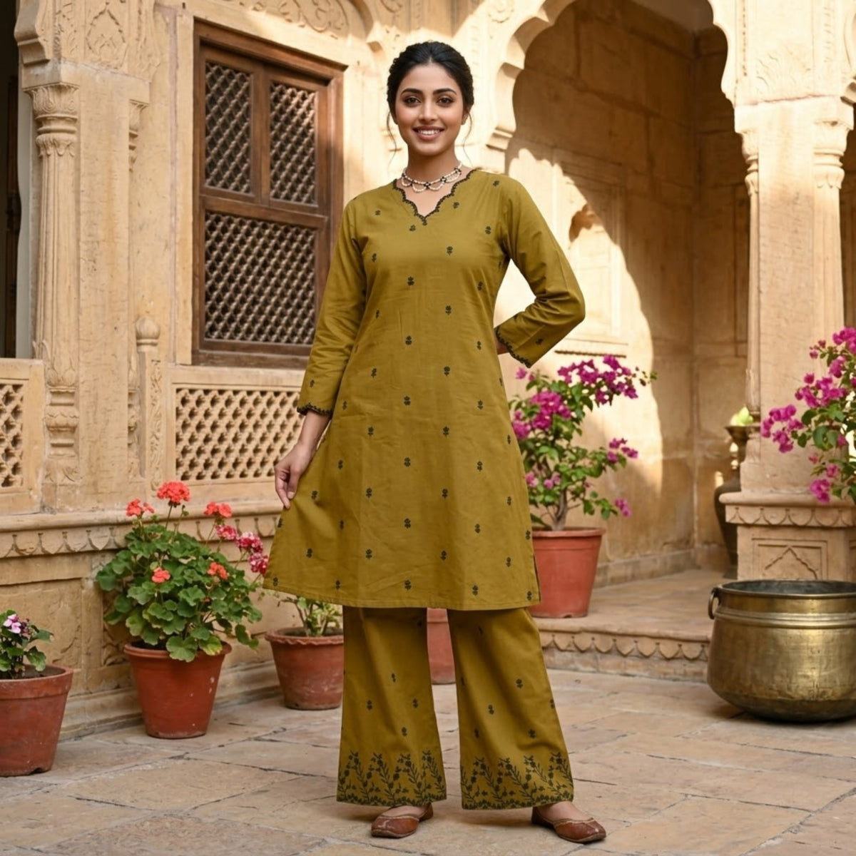 Olive Green Printed Kurta Set with Palazzo Pants