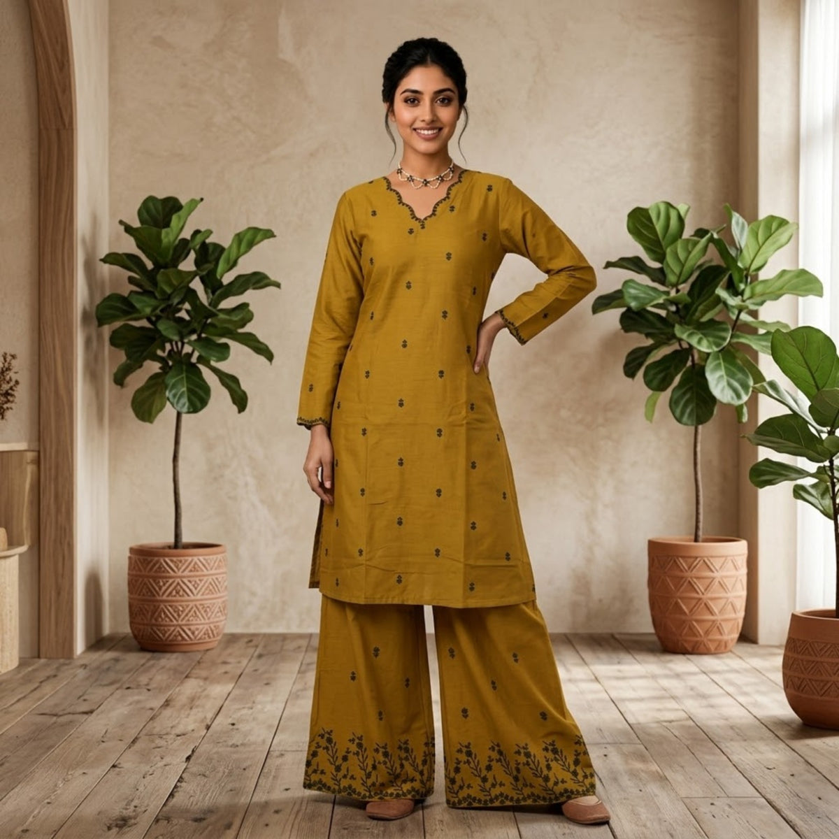 Olive Green Printed Kurta Set with Palazzo Pants
