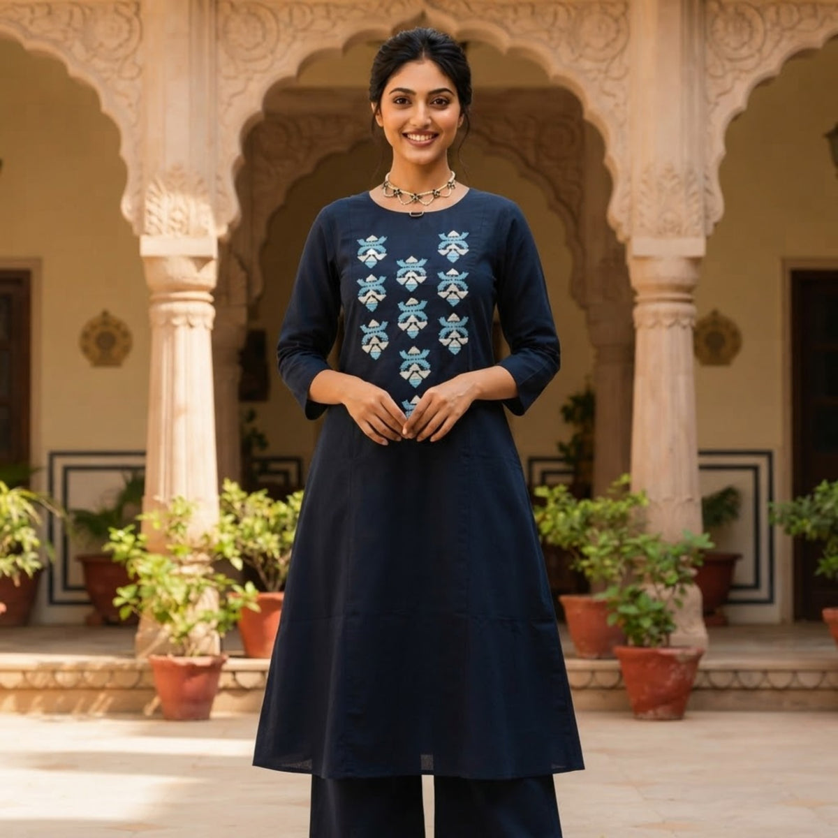 Navy Blue Embroidered Flared Kurta Set