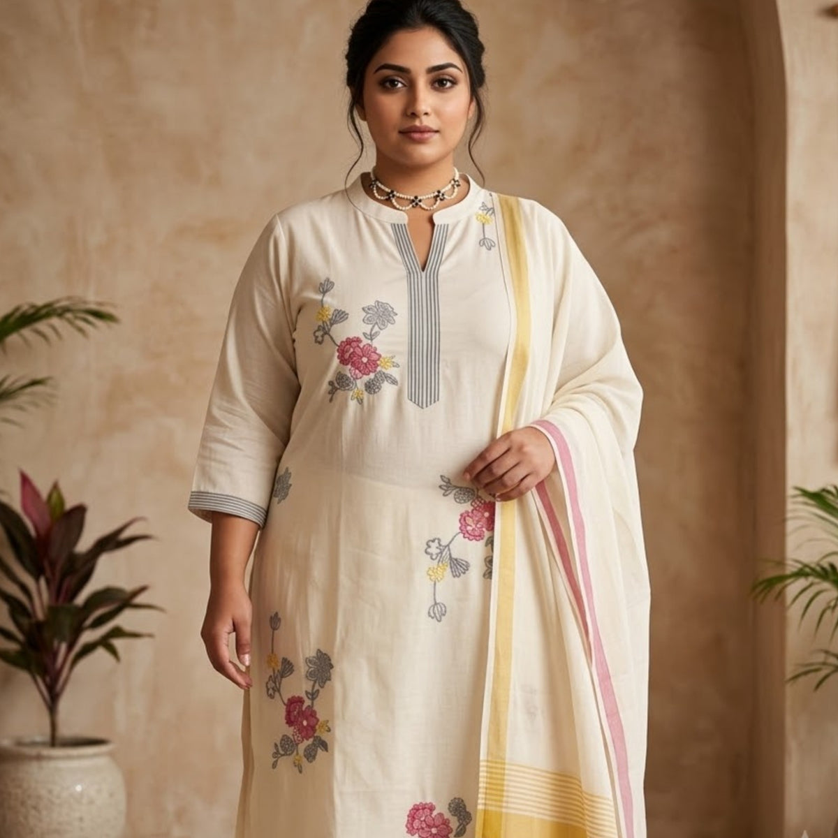 Elegant Cream Floral Embroidered Kurta Set with Dupatta