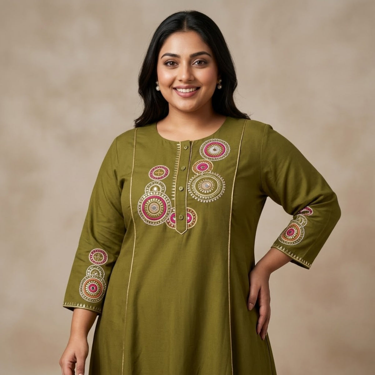 Olive Green Printed Embroidered Kurta Set