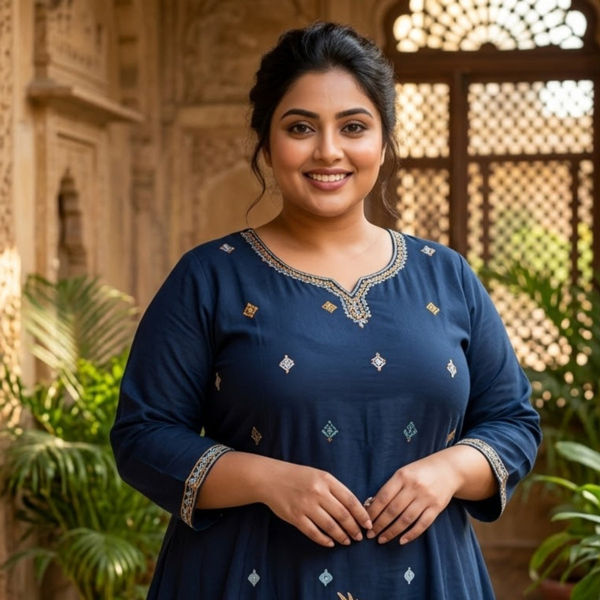 Navy Blue Crane Embroidered Kurta Set