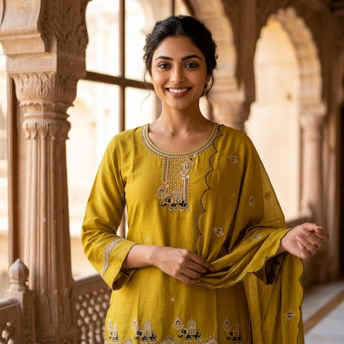 Olive Green Embroidered Kurta Set with Scalloped Dupatta